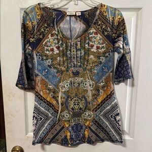 Cato Blue and Gold Embellished 3/4 Sleeve Blouse